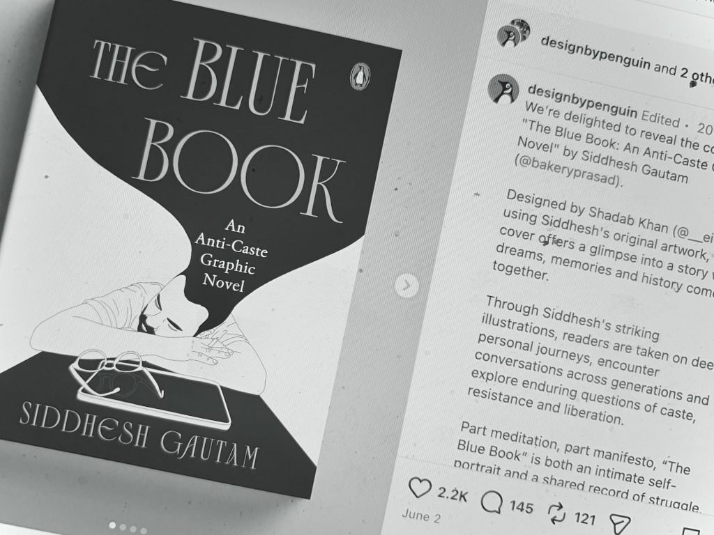 a screenshot of an Instagram post announcing The Blue Book graphic novel
